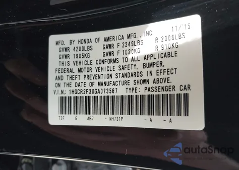 2016 Honda Accord Lx из США, поврежденный, VIN 1HGCR2F30GA073567